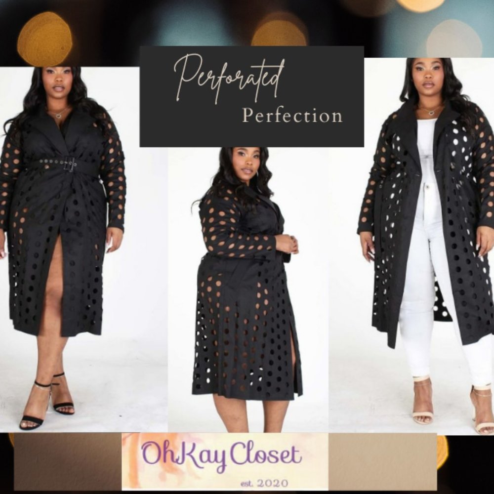 The Moment Perforated Long sleeve Lightweight Fashion Trench Black 1XL 16W-18W